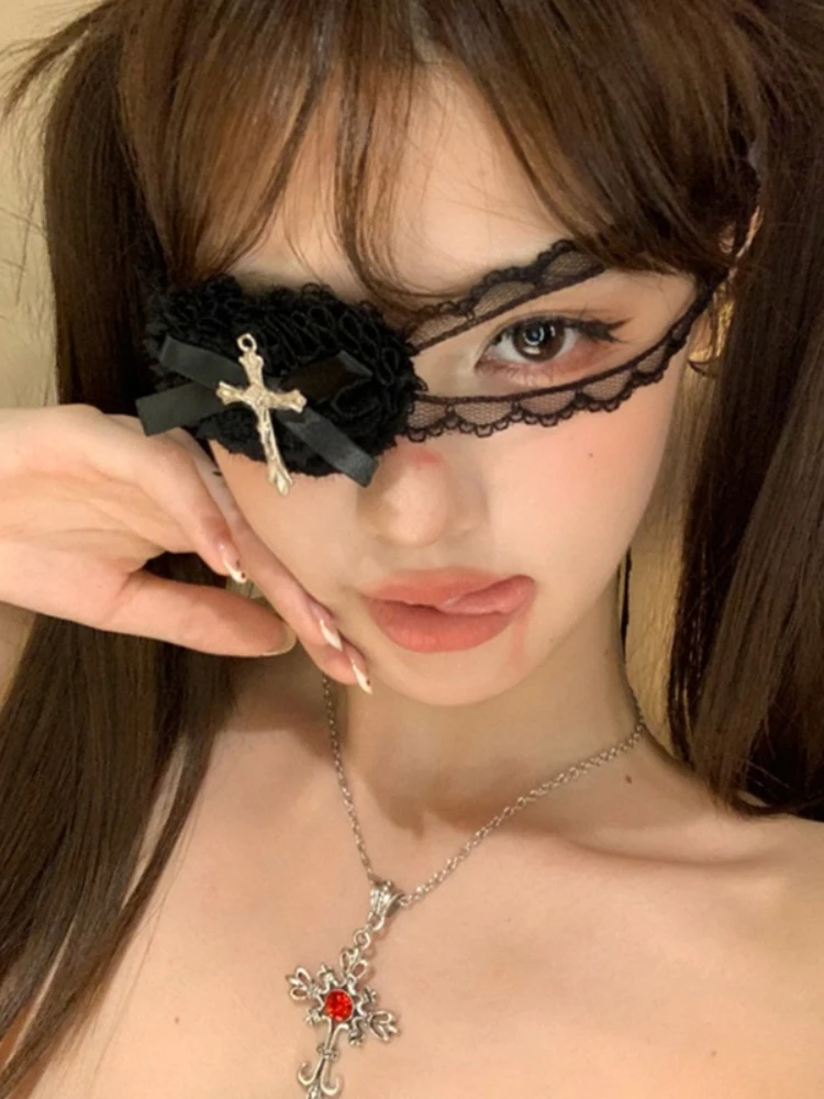 Women Sweet and Cool Black White Lace Bows Heart Cross Eye Mask Suitable for Halloween Theme Lolita Dark Gothic COS Accessories