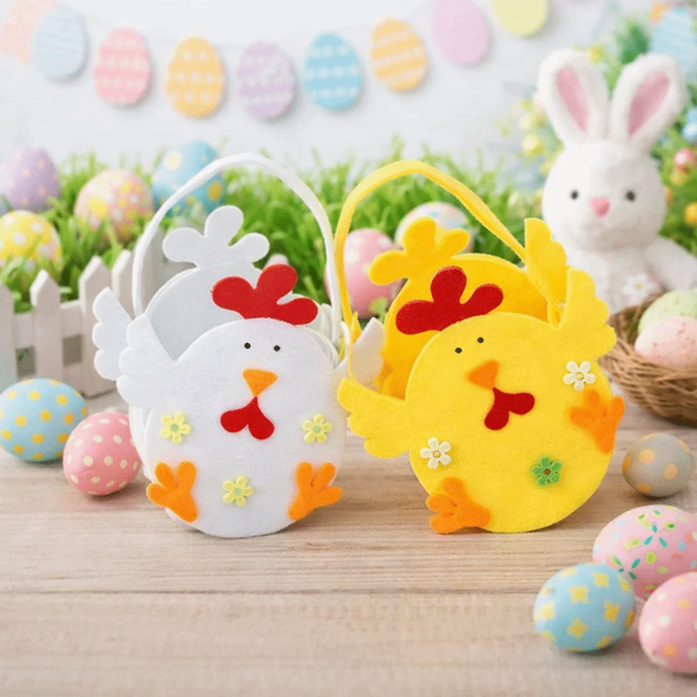Portable Colorful Easter Felt Basket Cartoon with Handle Rabbit Egg Basket Cute Chicken Tote Bag for Home Decoration