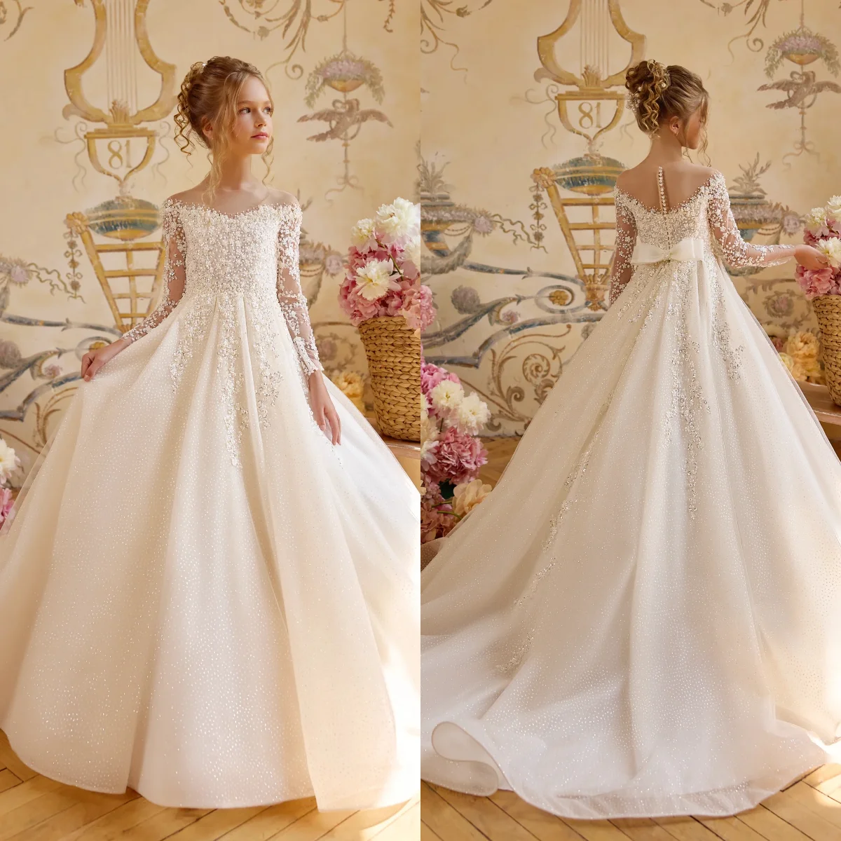 Pearls White Flower Girl's Dresses for Wedding Bow Appliqued Long Sleeve First Communion Dress Baby Girl Birthday Party Gowns