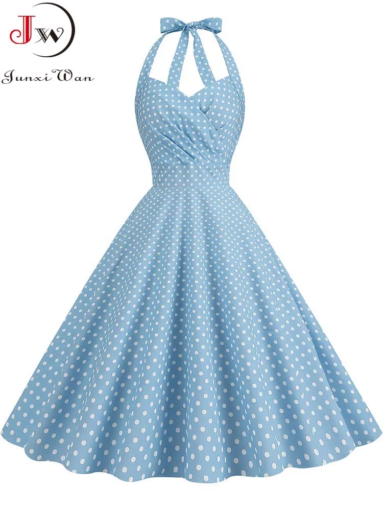 Elegancka sukienka na imprezę w kropki dla kobiet Letnia sukienka z wysokim stanem z lat 50-tych Vintage Fit and Flare Backless Retro Dresses