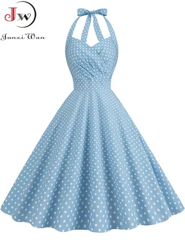 Vestido de fiesta elegante de lunares para mujer, vestidos Retro con espalda descubierta y vuelo Vintage de cintura alta con cuello Halter de verano de los años 50