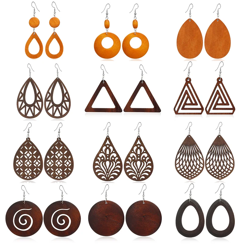 SOMESOOR Fashion African Ethnic Wooden Drop Earrings Jewelry For Women Gifts Laser Cutting Leaf Flower Circle Simple Wood Dangle