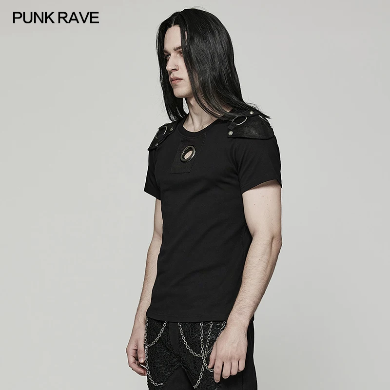 PUNK RAVE Men\'s Punk Handsome Distinctive Cracked Leather Knit T-shirt with Detachable Armor Decoration Personality Casual Tops