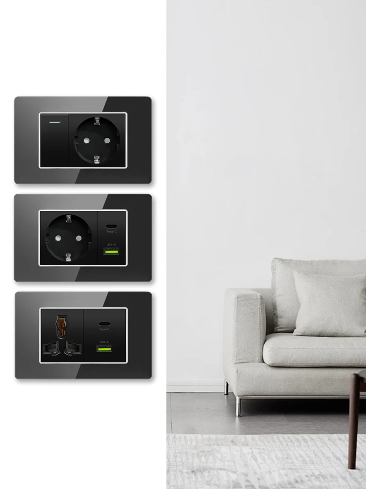 Interrupteur mural européen en verre trempé noir de type 118, prise murale européenne avec USB Type-C 18W, prise de charge rapide 118*75mm