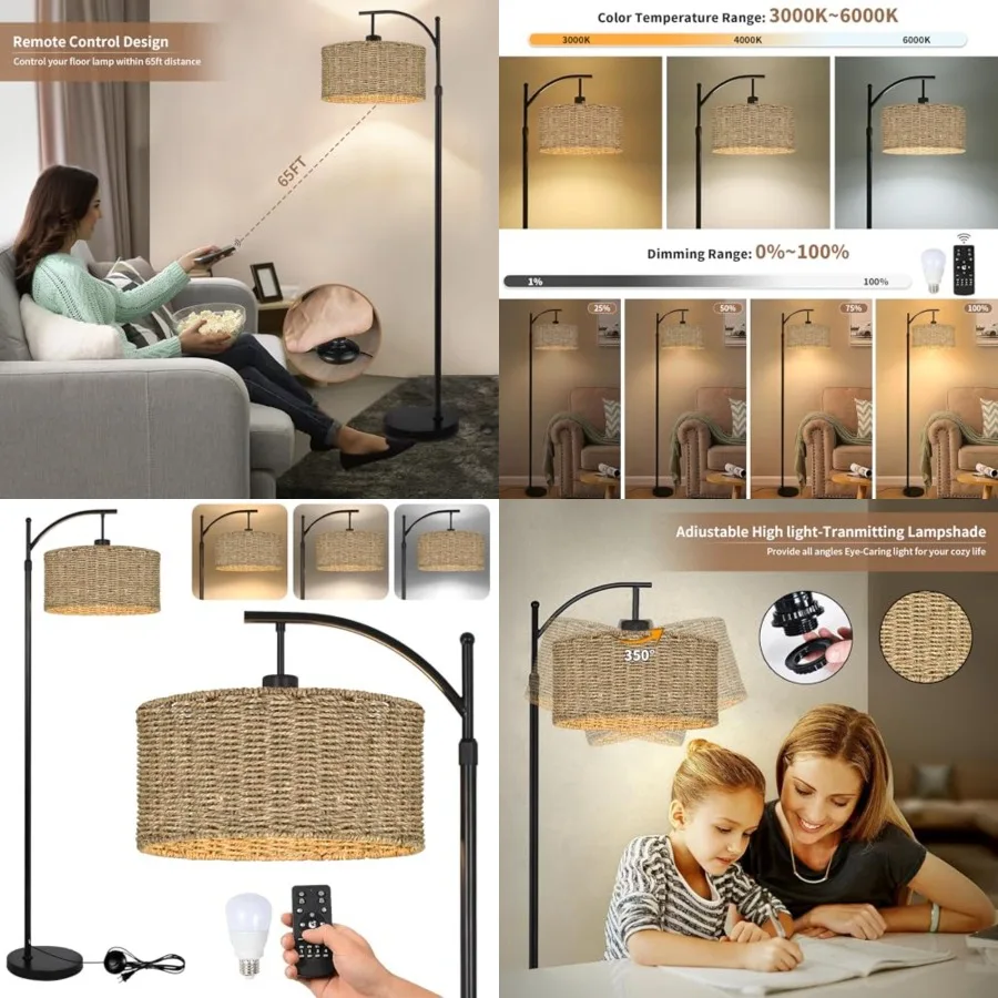 Arc Rattan Floor Lamp for Living Room with Remote, Black Floor Lamps with 3 Color Temperature Dimmable Bulb, Farmhouse Boho Sta