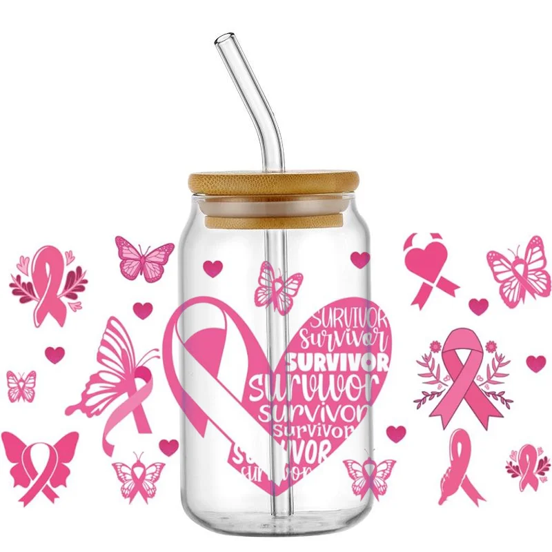 الوعي بسرطان الثدي ثلاثية الأبعاد UV DTF كأس يلتف نقل ملصقات الشريط الوردي تأكيد الأشعة فوق البنفسجية يلتف الشارات لزجاج ليبي 16oz