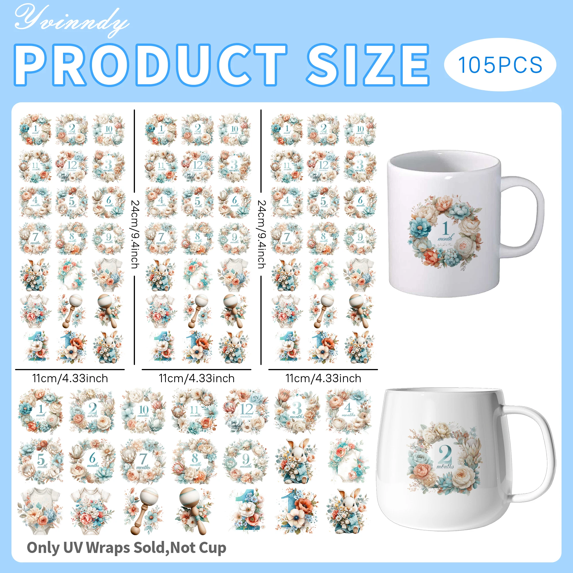105Pcs/Set Record the growth over a period of 12 months UV DTF DIY Craft Kits with Crystal Label 16oz Glass Jars Wrap Stickers