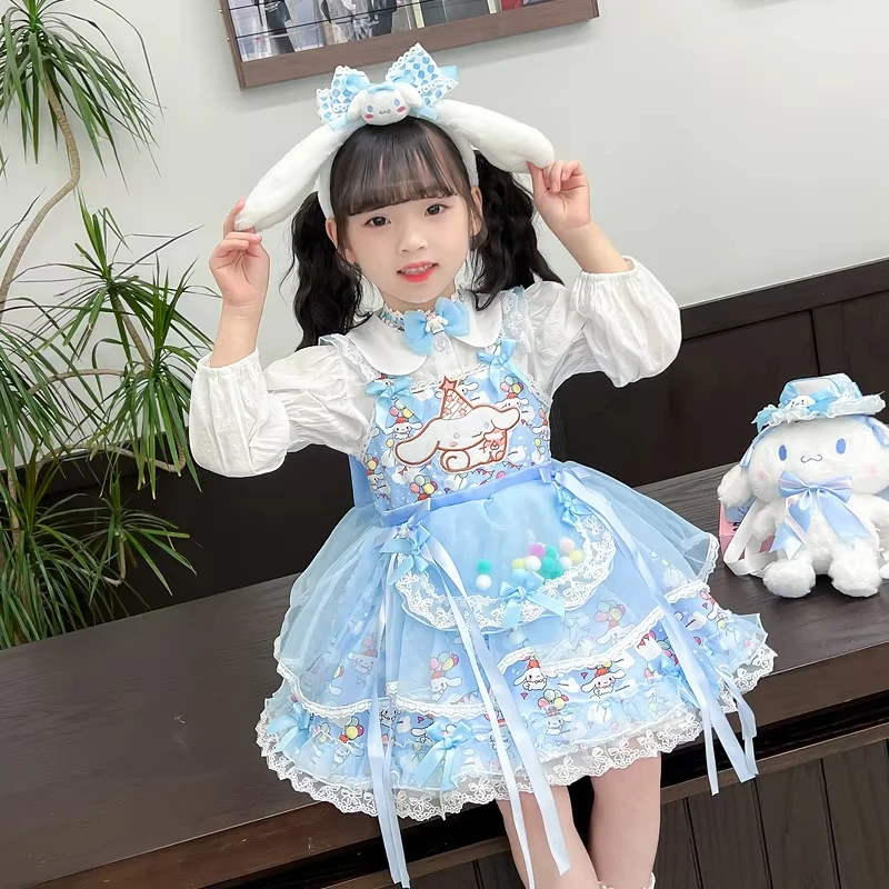 Kawaii Cinnamoroll Kids Lolita Princess Skirt T-Shirt Spring Autumn Dress Sanrios Girls Cosplay Costume Birthday Party Dress Set