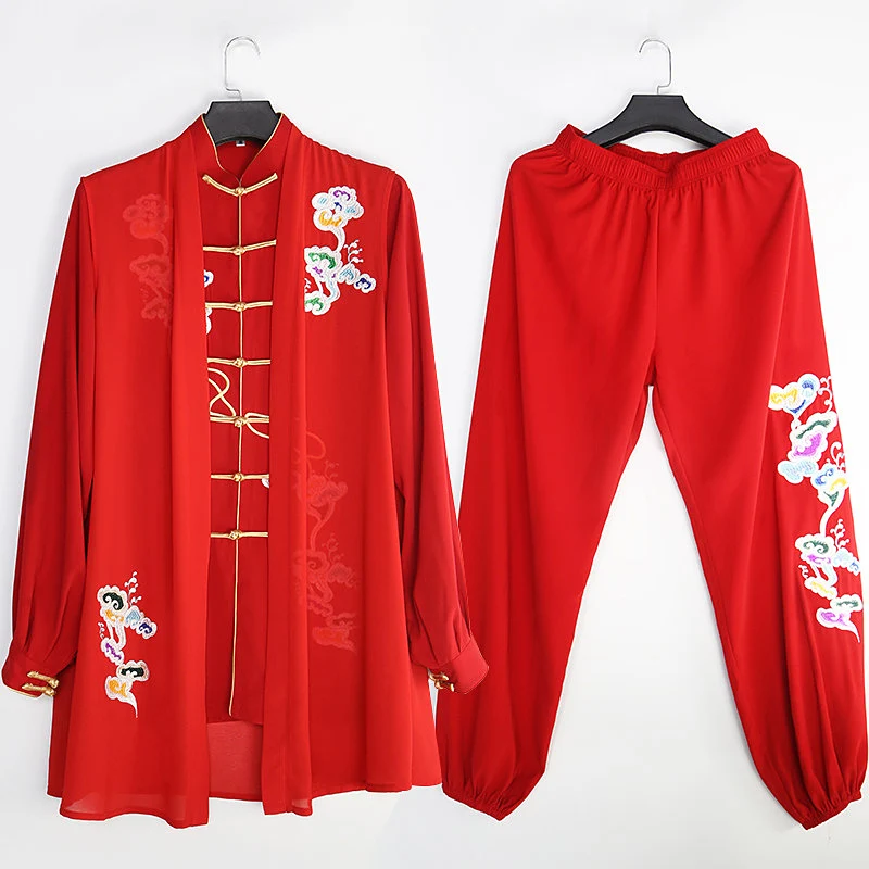 Women's Embroidered Chinese Red Tai Chi Suit - Flowy Spring Autumn Martial Arts Competition Performance Practice 3pc Set