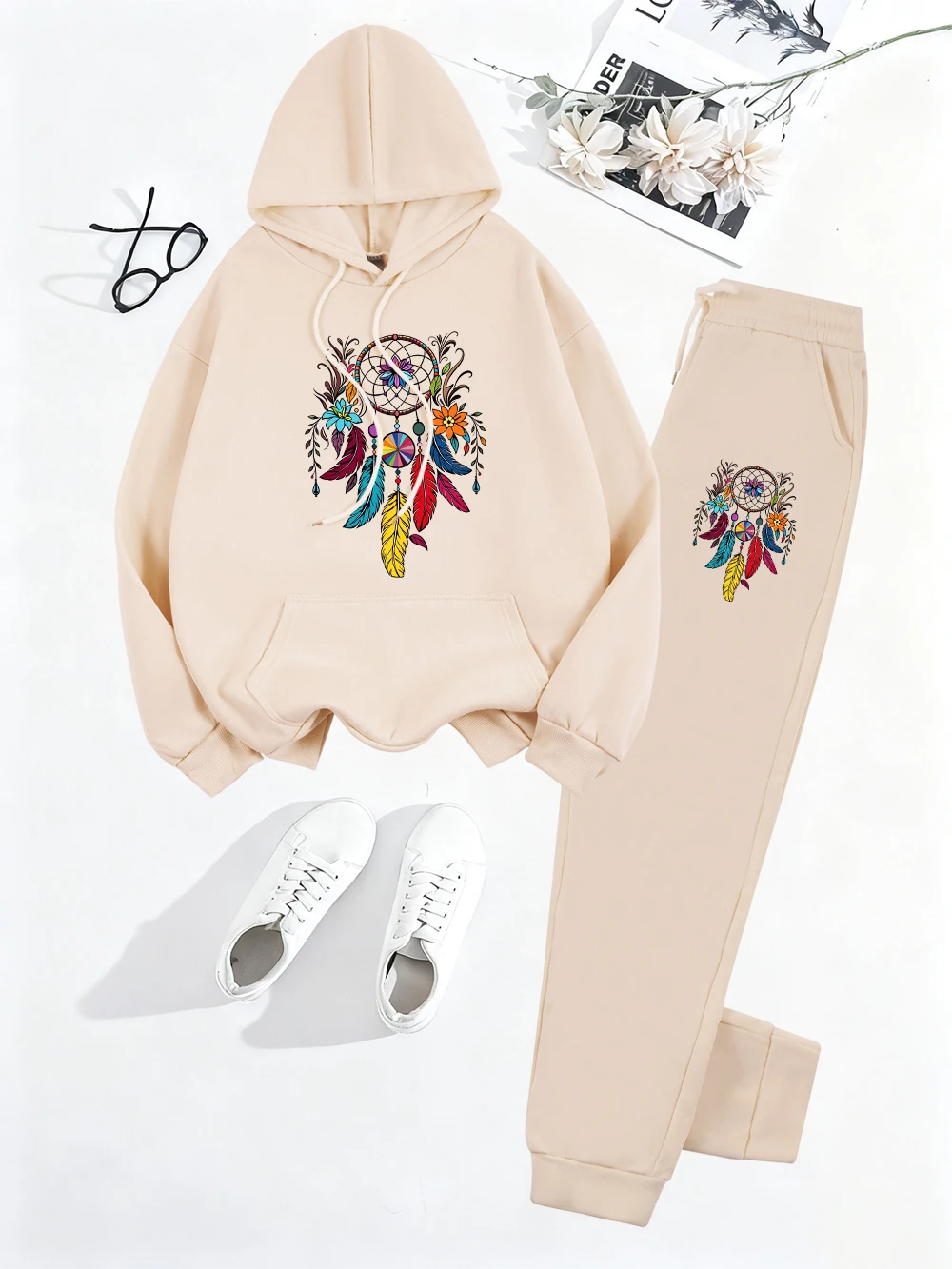Women Hoodie Set Dreamcatcher Floral Feathers Printed Sweatpantssporty Loose Fleece Warm Sweatshirt Pants Autumn Pocket Clothes