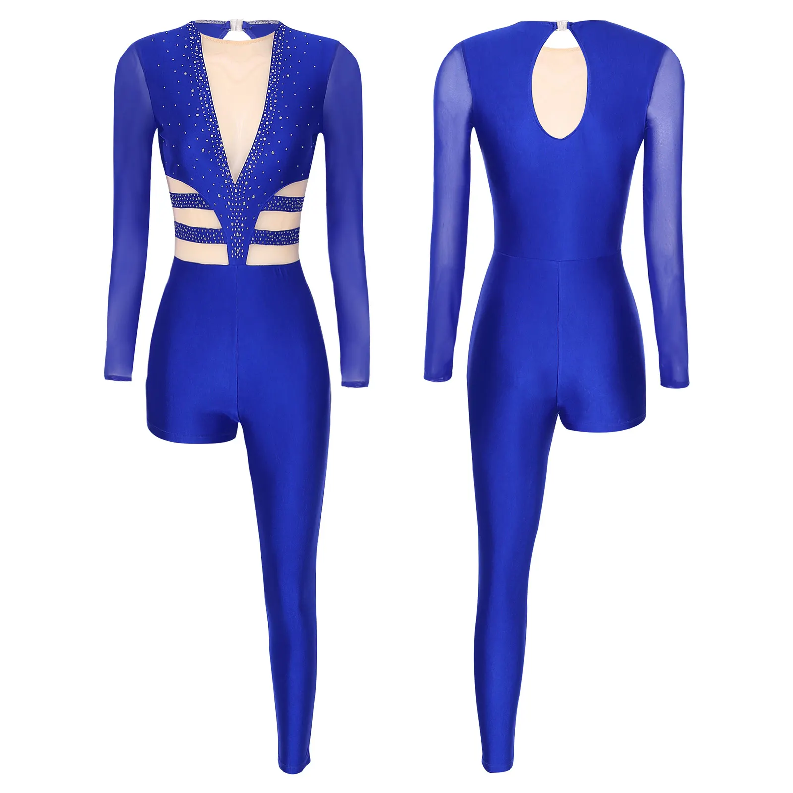 Women Gymnastics Leotard Unitard Ballet Unitards Figure Skating Costume Jumpsuit Shiny Rhinestones Rhythmic Gym Training Uniform