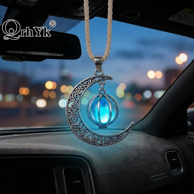 Moon Pendant Car Hanging Ornament Bohemian Crystal Crescent Rearview Mirror Charm Lucky Feng Shui Decal for Car Decoration
