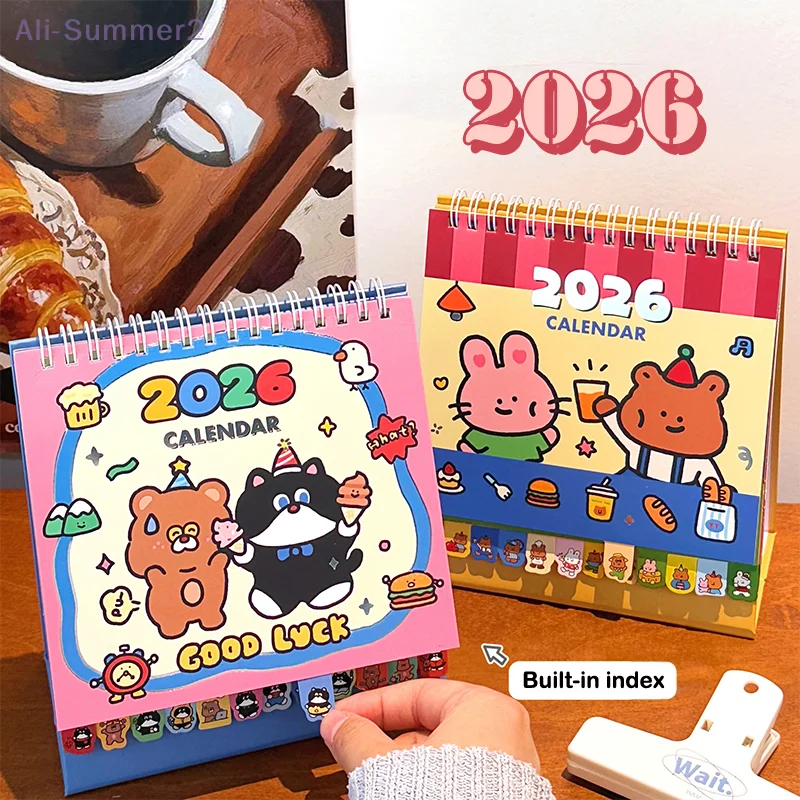 2026 calendário de mesa dos desenhos animados padrão dos desenhos animados pequeno calendário de mesa bolso perfurador plano superfície decoração ornamentos