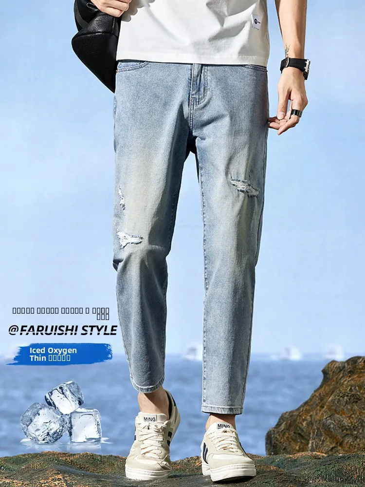 

Мужские летние тонкие джинсы из ледяного шелка, прямые, укороченные (до щиколотки), модные, повседневные, свободного кроя, из смесового хлопка и полиэстера