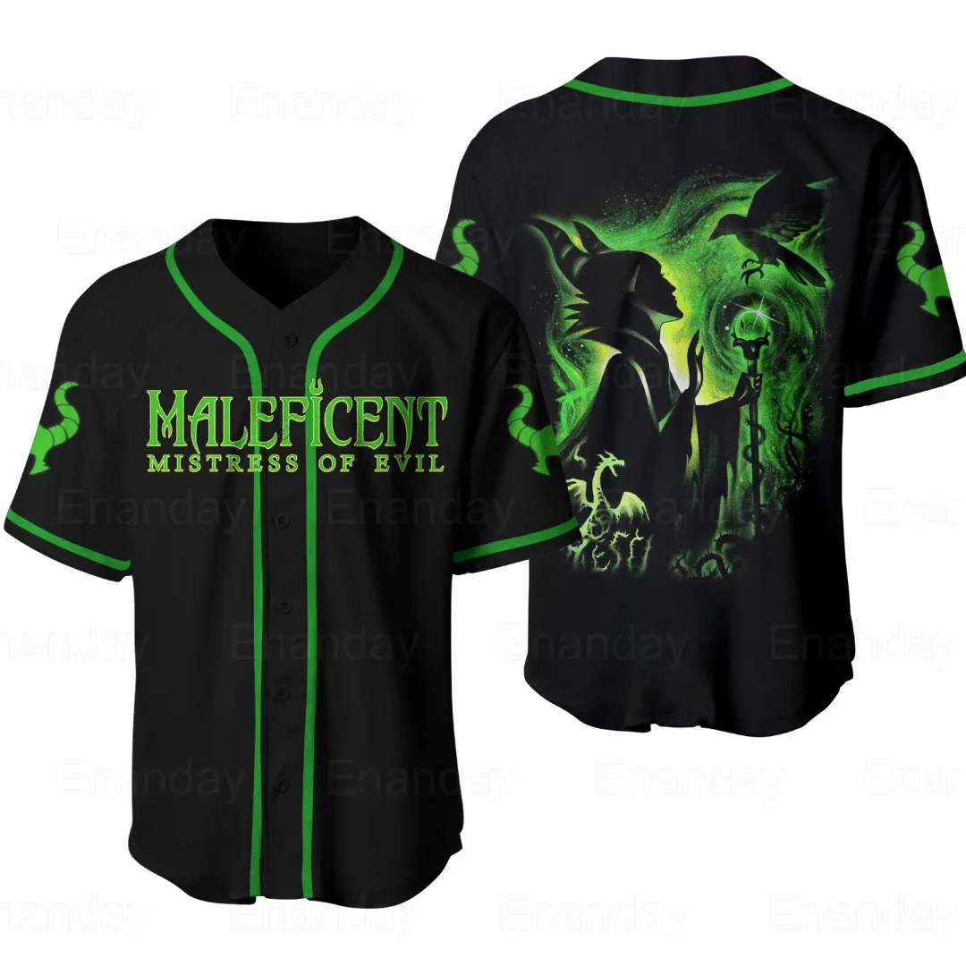 Maleficent Honkbal Jersey Heren Dames Korte Mouw Knoop Jersey Aangepaste Naam Disney Honkbal Truien Casual Sweatshirt Top