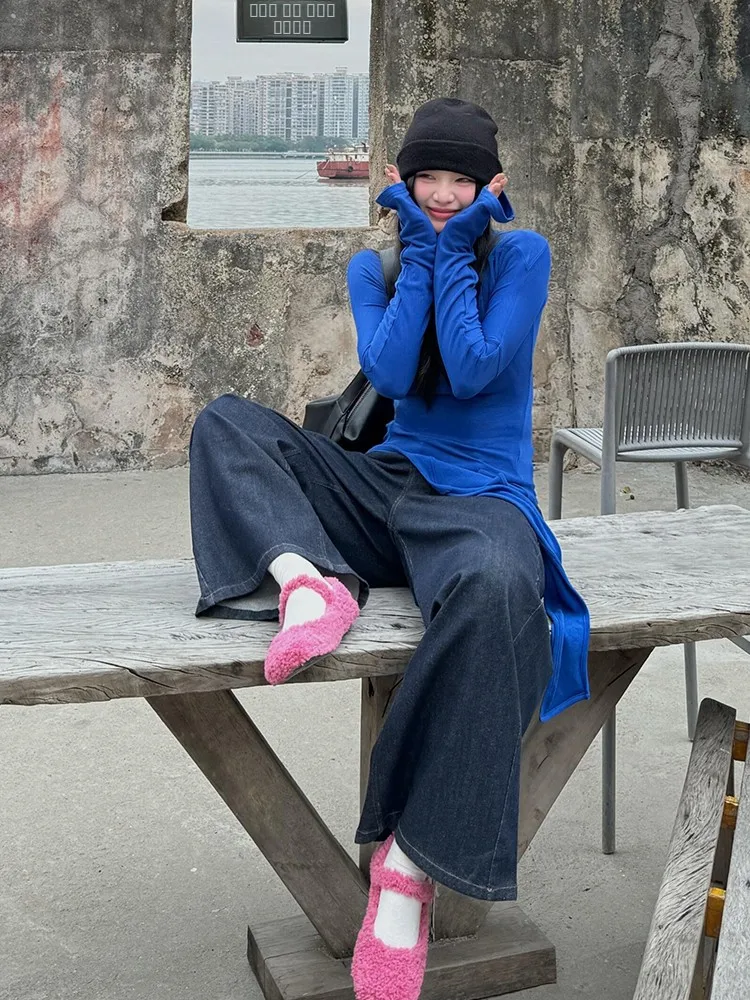 Cseta de Manga Larga de Seda de Hielo Azul Klein con Corte Irregular para Mujer, Protección Solar, ra y Fresca para Ve...