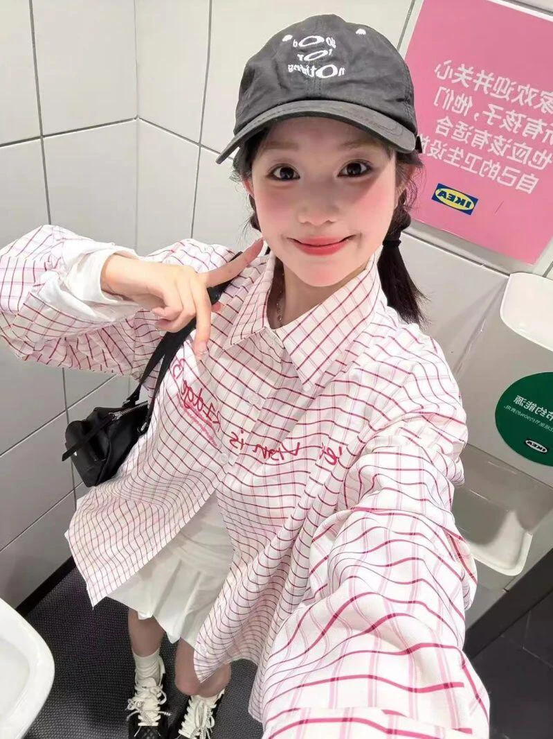 Chic Pink Plaid Sun Protection Shirt Women's Spring Summer Open Cardigan Slimming Versatile Shirt Chinese Style Polyester Fiber