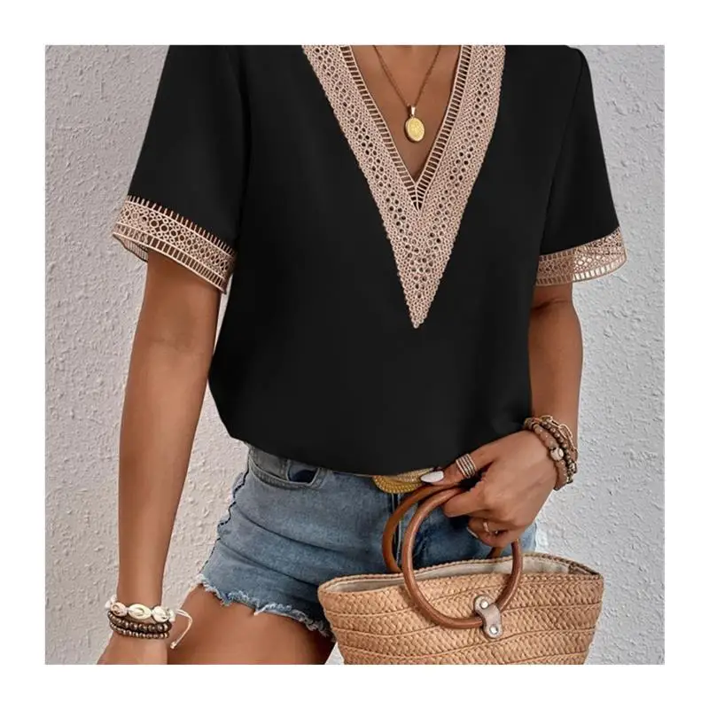 Camiseta holgada de encaje con escote en V para mujer, camiseta de Color puro ort Sve, cómoda, transpirable, informal, ropa de oficina