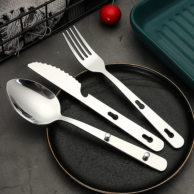 3pcs Portable Stainless Steel Tableware Fold Utensil Set Spoon Fork Knife Dinnerware Camping Cooking Flatware