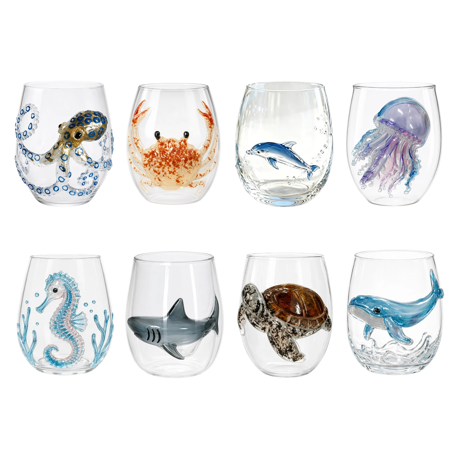 3D Sculpted Blue Ring Stemless Wine Glass Nautical Handmade Ocean Marine Life Cocktail Cup Bar Gift