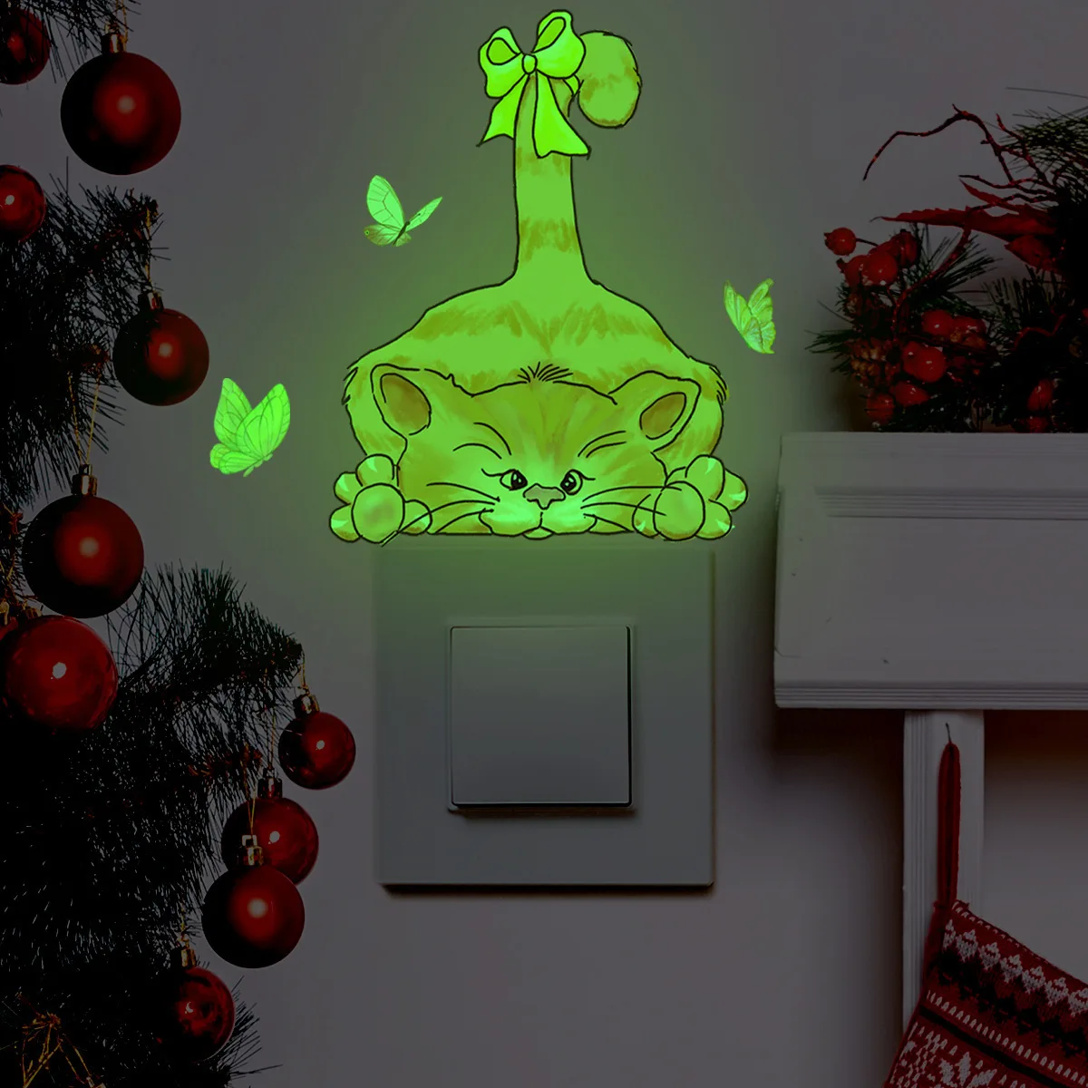 12*15cm Kitten Butterfly Wall Sticker Switch Sticker Luminous Sticker Children's Room Living Room Study  Decoration Wall Sticker