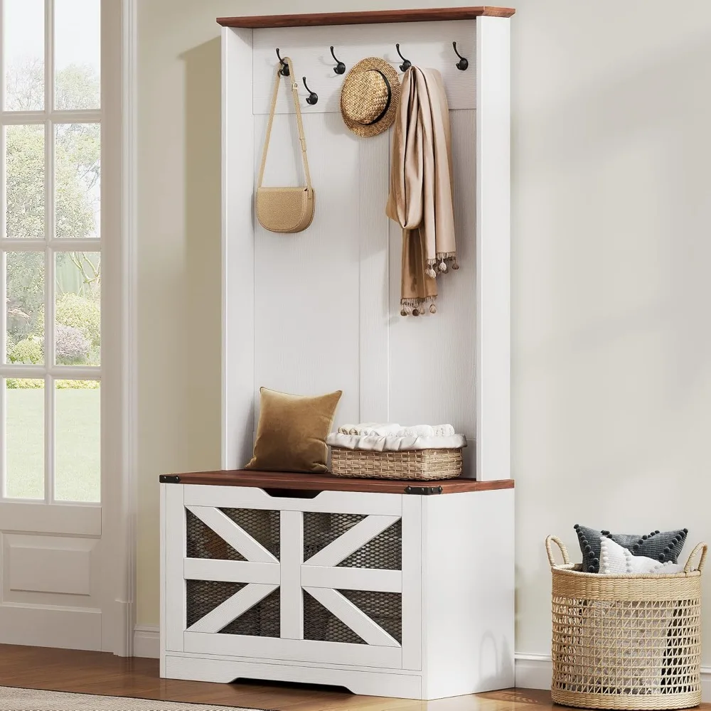 

Coat Racks with Bench and Shoe Rack, Large Shoe Storage Organizer with Coat Hooks, Drawer Sliding Barn Door, Adjustable Shelves