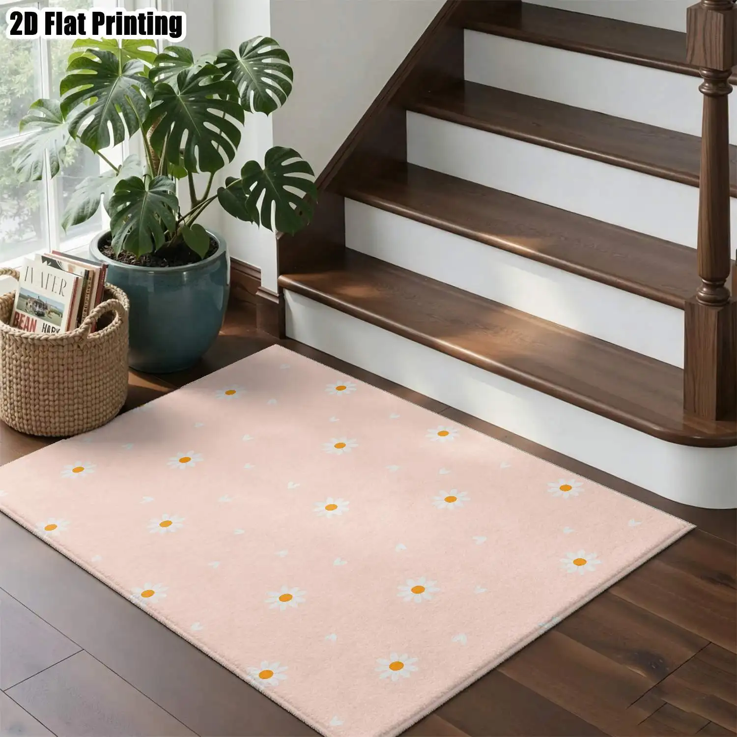 1Pc 2D Printed Pink Daisy Heart-Shaped Carpet: Nordic, Instagram-Inspired Modern Minimalist Floor Mat for Home Decor, Multi-Size, Machine Washable