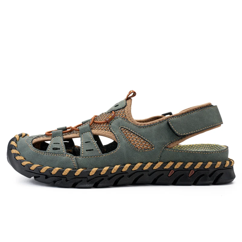 Men Closed Toe Breathable Mesh Leather Sandals Adjustable Strap Hand Stitched Non Slip Rubber Sole Summer Beach Outdoor Shoes