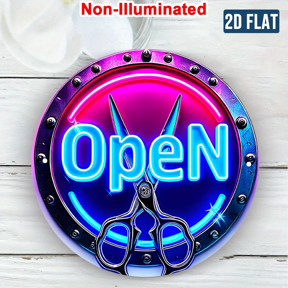 Round Rivet Metal Tin Sign Open Hair Scissors Fake Neon Wall Decor, Non LED 2D Flat Plaque For Hair Salon Beauty Shop