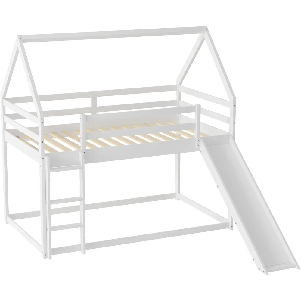 سرير مزدوج بطابقين مع سقف ومنزلق للأطفال الصغار، سرير منخفض بطابقين من الخشب الصلب مع حاجز حماية وسلم مدمج، #6