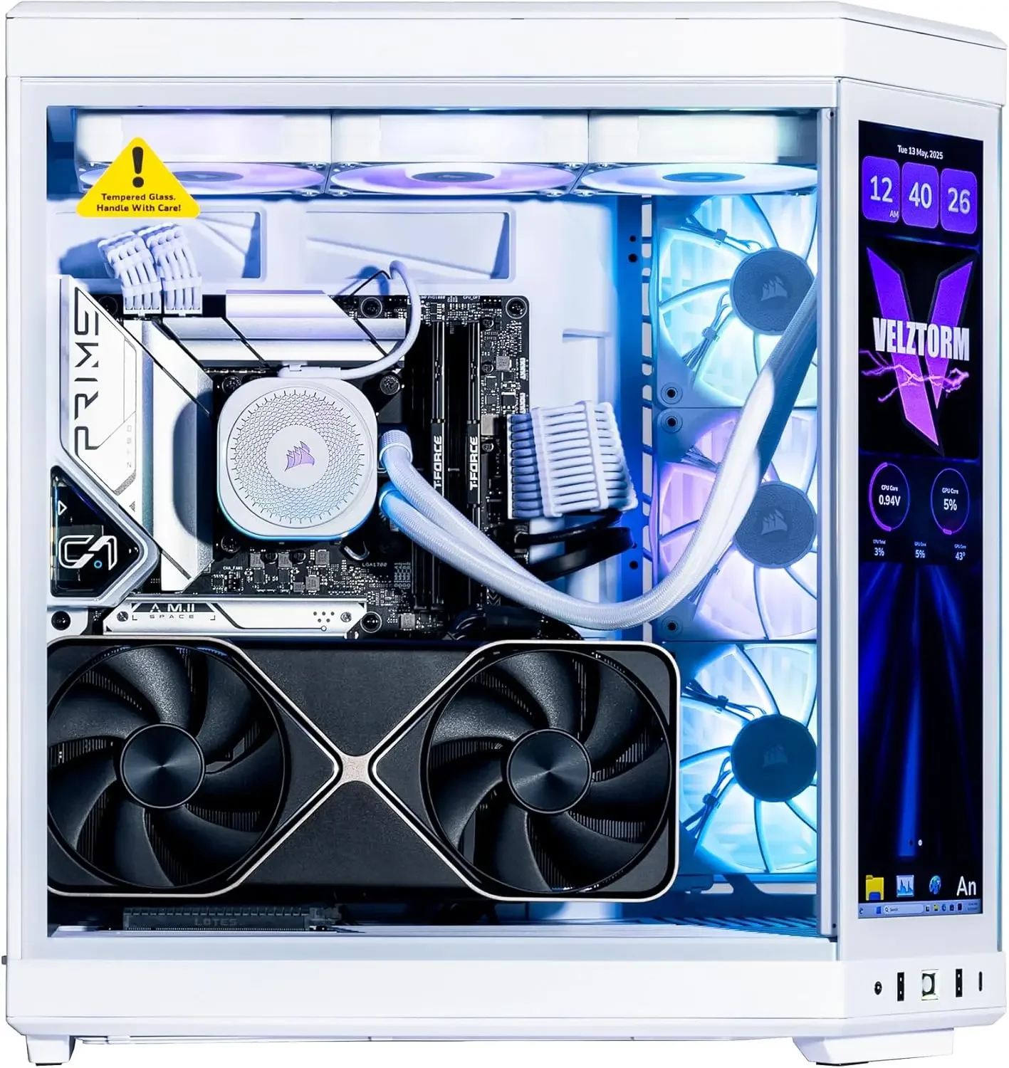 Velztorm LCD White Praetix Custom Built Y70 Touch Gaming Desktop PC (GeForce RTX 5080 16GB, Liquid Cooled Intel i9-14900K, 32GB