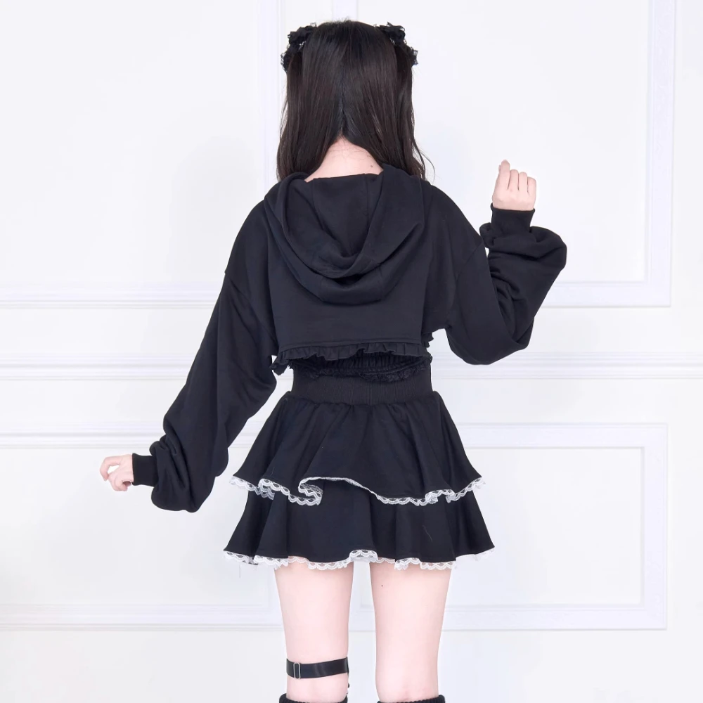 الأصلي اليابانية قداس الإنتاج ثقافة فرعية مقنعين طويلة الأكمام قصيرة البلوز القوس منقوشة تانك القمم قطعتين مجموعة للنساء الخريف