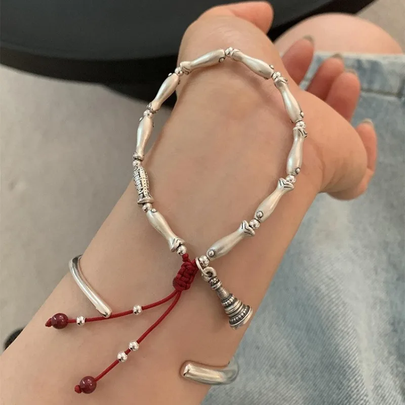 925 Silver Retro Charm Small Fish Buddhist Pagoda Red Rope Round Beads Bracelets for Women Fine Minimalist Accessories Wholesale - Image 2