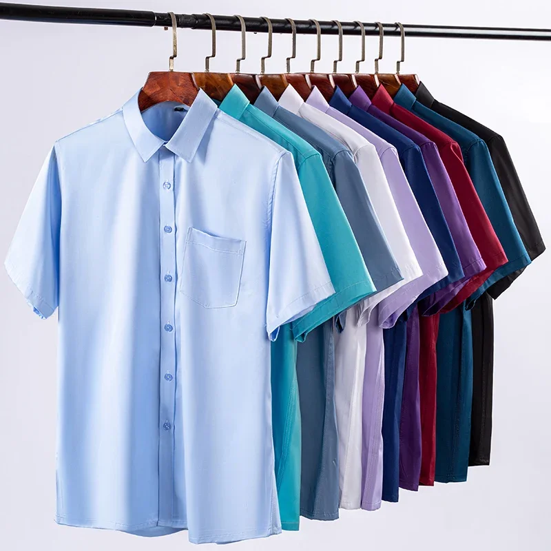 Novo anti-rugas camisas masculinas de manga curta camisas de vestido para homem fino ajuste blusa de negócios sociais bolso camisa branca S-7XL