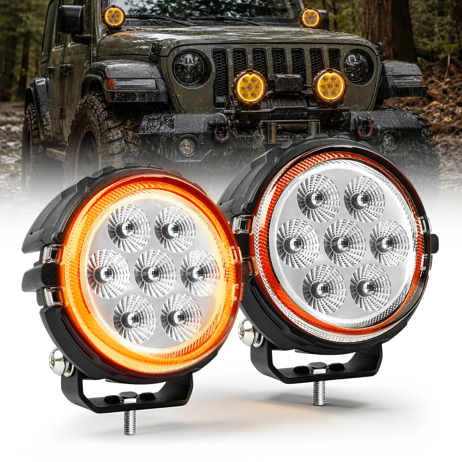 Braveway Runde LED-Fahrleuchte, weißes Flutlicht, bernsteinfarbenes Tagfahrlicht, IP68, 12–24 V, für den Einsatz im Gelände mit Motorrädern, LKWs und Baufahrzeugen