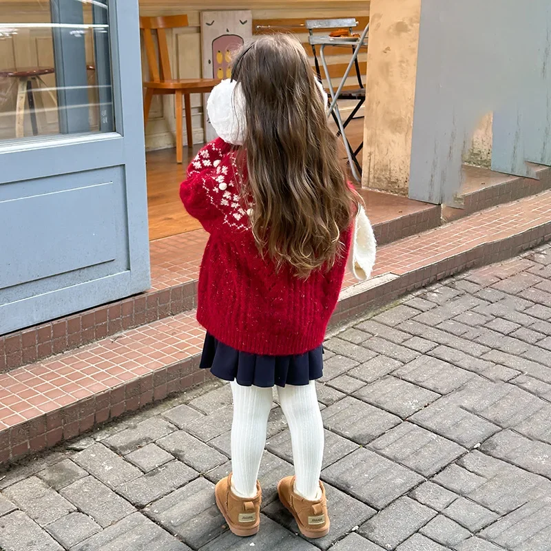 Girls Sweater 2024 Winter New Childrens Wear Korean Style Girl Baby Atmosphere Romantic Jacquard Sweater Casual Simple