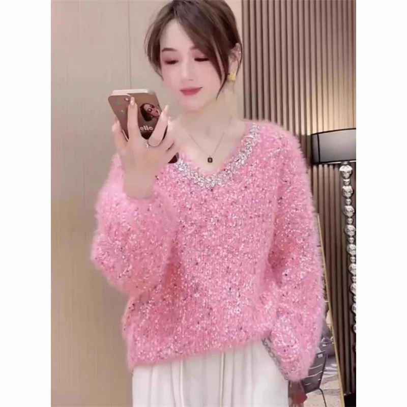 Nail Drill Color Polka-Dot Stitching Korean Version Of Soft Waxy Sweater Women's Autumn New Lazy Wind Fashion Long-Sleeved Top