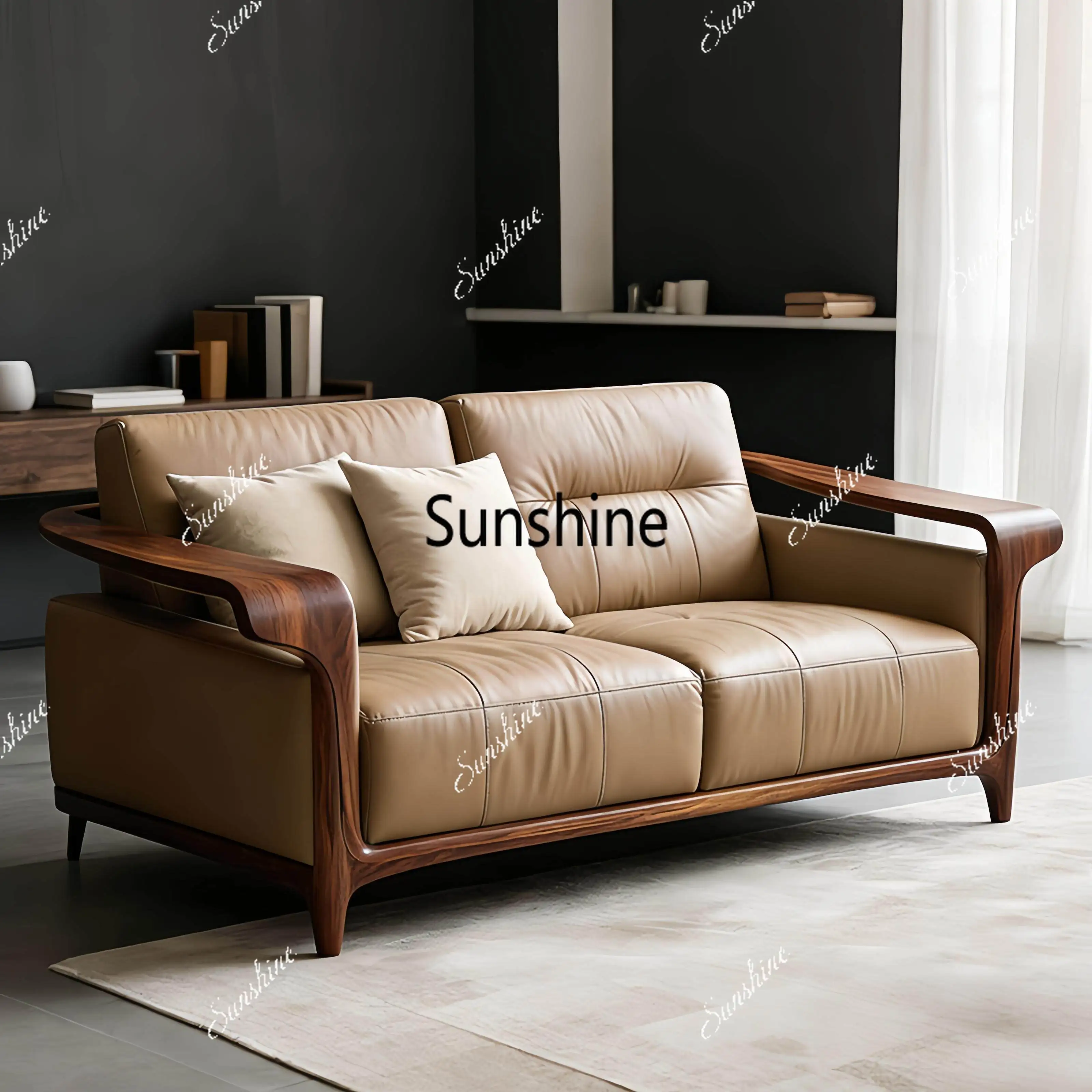 

New Chinese-style small apartment home office reception three-person living room straight row ash wood sofa