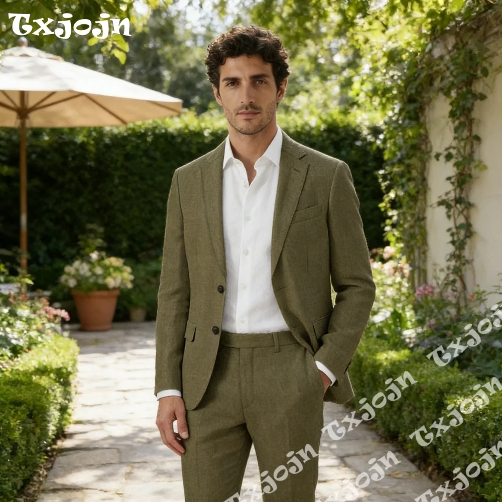 

Vibrant Green Linen Men 2PCS Suits Notch Lapel Slim Fit Blazer Pants Wedding Prom Party Groom Attire Casual Formal Costume Homme
