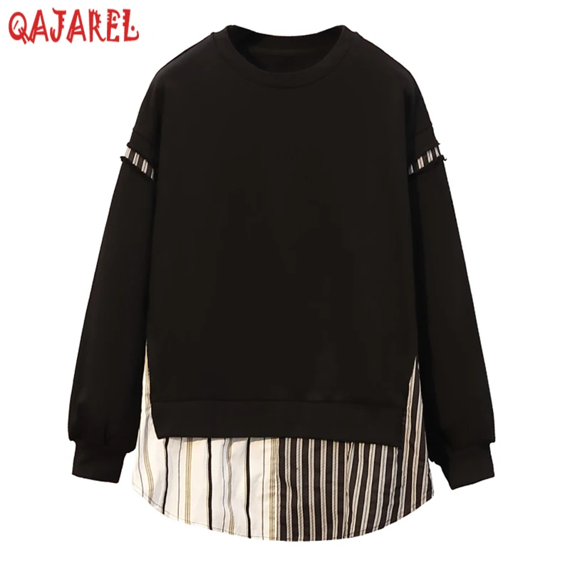 

2024 New Black Patchwork Striped Fake Two Piece Coats Womne Fashion Chic Elegant Sweatshirts Spring Autumn Korean Casual Shirts