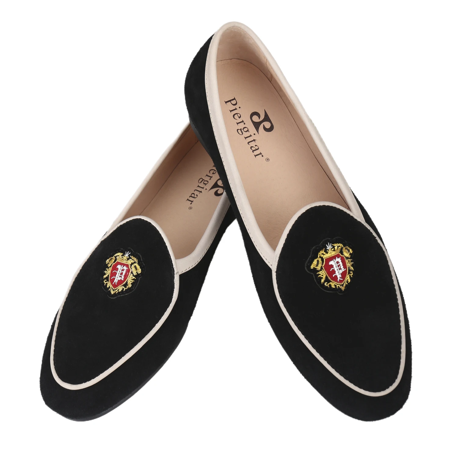 Piergitar Classic Style Black Suede Slip-On Smoking Shoes With Handmade Custom Indian Silk Badge Fashion Model Men's Loafers