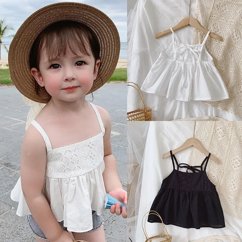 2024 New Summer Kids Girls Sweet Sling Sleeveles T-shirt Children Clothing Comfort Short Tops Toddler Cute Solid Color Bow Vest