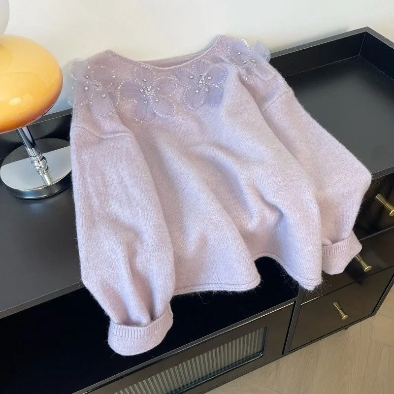 

Женский свитер на правом плечо с v-образным вырезом, осень-зима 2022, свитер с трехмерным цветком и бриллиантами