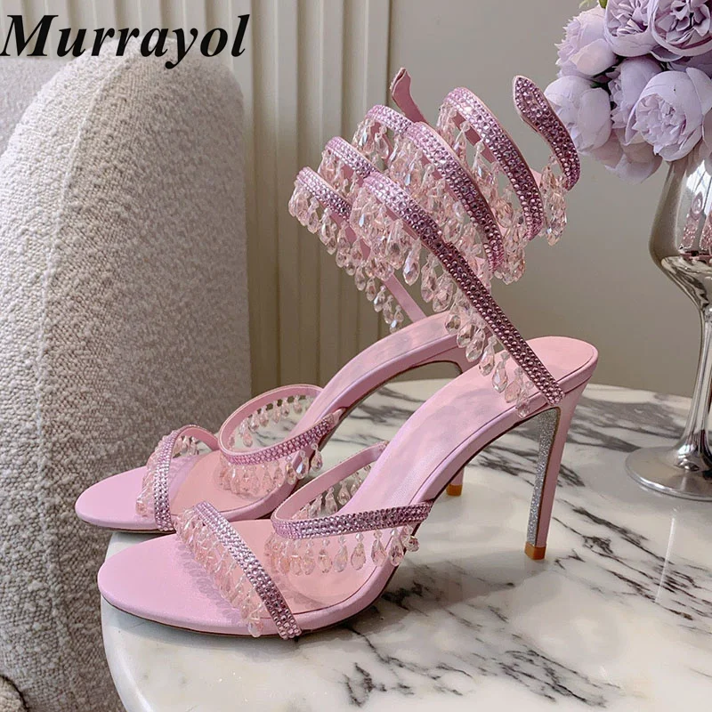 Sandals Women Thin High Heels Tassel Crystal Pendant Gladiator Sandalias Ankle Snake Shaped Strap Summer Evening Party Shoes