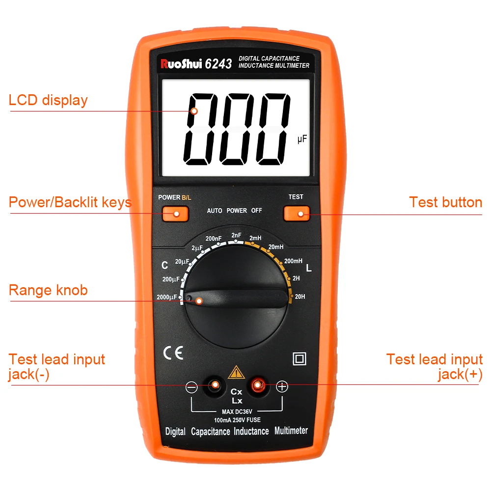 RuoShui 6243 cyfrowy pojemnościowy multimetr indukcyjny 1000uF 20H 2000 liczy LC miernik podświetlacz wyświetlacza LCD kondensatora