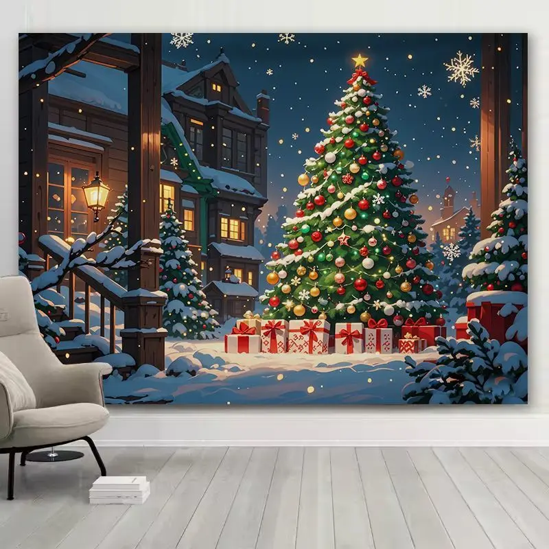 VIKAMA Wall Tapestry Christmas City Square Tree Snowy Night Building Gifts Wall Hanging Dorm Room Aesthetic Xmas Wall Art