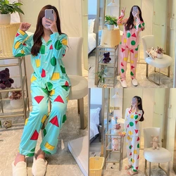 Couple Cute Pajamas Two Sets of Men and Women Cartoon Long-Sleeved Plus Size Homewear Green Geometric Pattern School Sleepwear