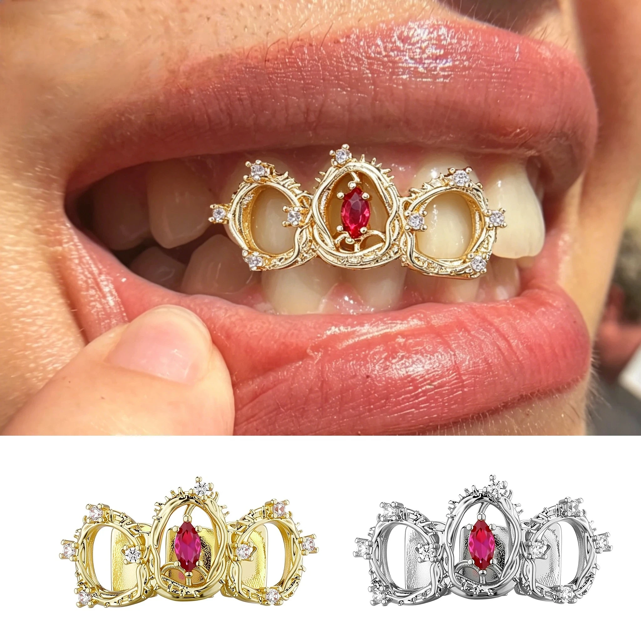 Latest Design Y2K Dark Style Gold Plated Grillz Top Set 3 Teeth with Thorn Red CZ Gothic Bling Jewelry for Women & Men