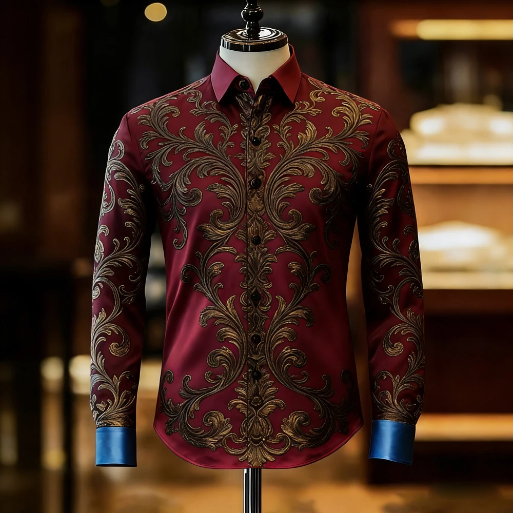 

Spring New Arrival Men's Retro Long Sleeve Shirt Asymmetrical Color Blocking 3D Printed Shirt Hawaiian Beach Party Men's Clothes