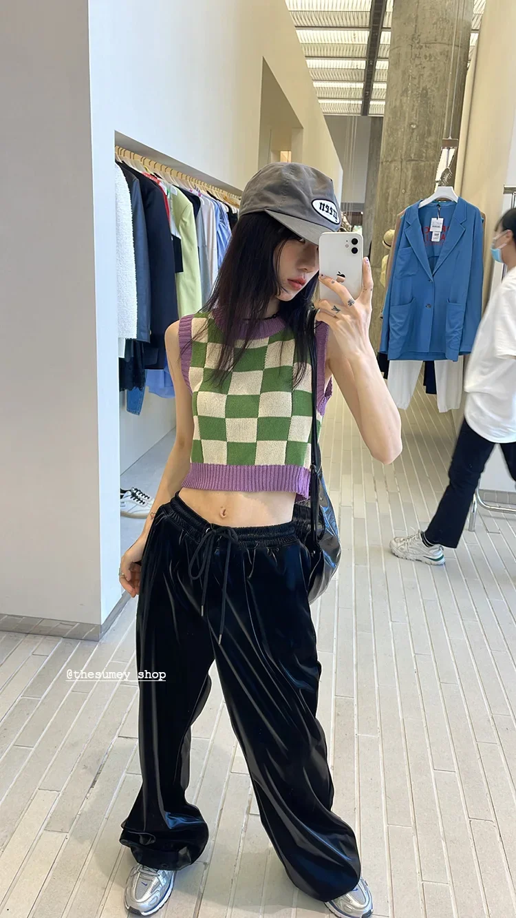 Checkerboard Knit Tank Top for Women Contrast Color Crew Neck Sleeveless Crop Sweater Vest Teengirl 90s Y2K Spring Summer Outfit